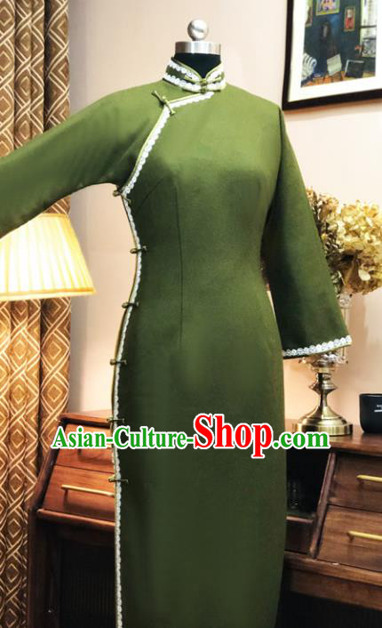 Chinese Traditional Green Woolen Qipao Dress National Tang Suit Cheongsam Costumes for Women