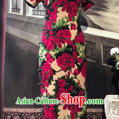 Chinese Traditional Printing Roses Qipao Dress National Tang Suit Cheongsam Costumes for Women