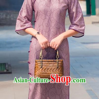 Chinese Traditional Lilac Flax Qipao Dress National Tang Suit Cheongsam Costumes for Women