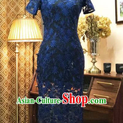 Chinese Traditional Embroidered Blue Lace Qipao Dress National Tang Suit Cheongsam Costumes for Women