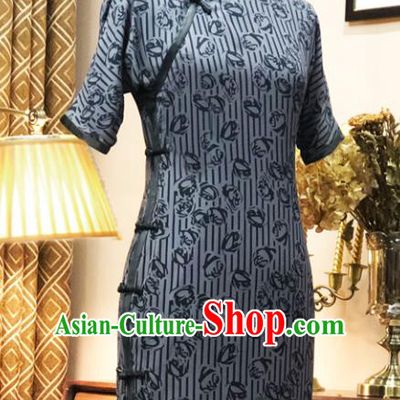 Chinese Traditional Printing Grey Qipao Dress National Tang Suit Cheongsam Costumes for Women