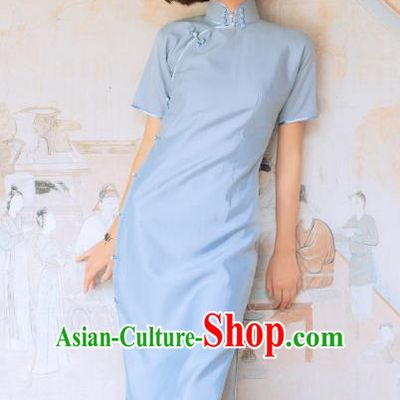 Chinese Traditional Blue Yarn Qipao Dress National Tang Suit Cheongsam Costumes for Women