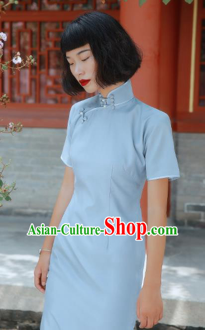 Chinese Traditional Blue Yarn Qipao Dress National Tang Suit Cheongsam Costumes for Women Chinese Traditional Blue Yarn Qipao Dress National Tang Suit Cheongsam Costumes for Women