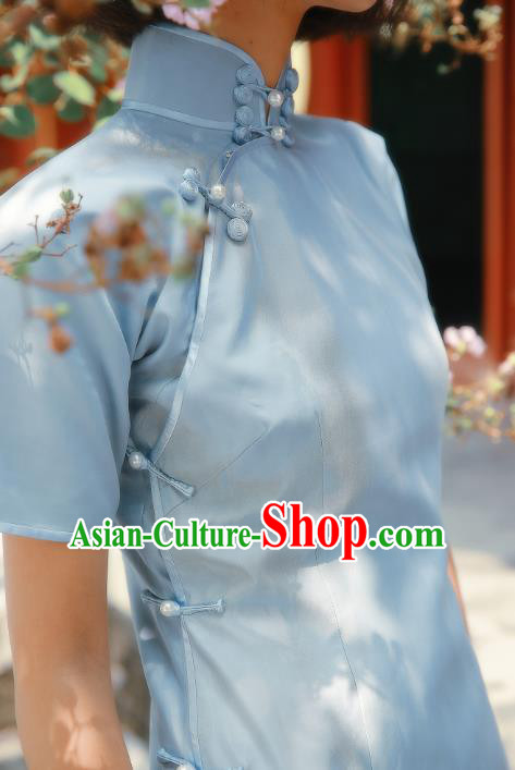 Chinese Traditional Blue Yarn Qipao Dress National Tang Suit Cheongsam Costumes for Women Chinese Traditional Blue Yarn Qipao Dress National Tang Suit Cheongsam Costumes for Women