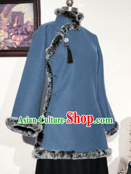 Chinese Traditional Winter Blue Woolen Coat National Tang Suit Overcoat Costumes for Women Chinese Traditional Winter Blue Woolen Coat National Tang Suit Overcoat Costumes for Women