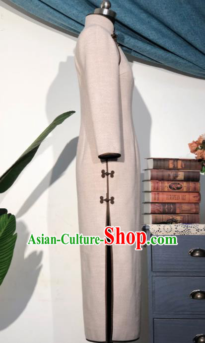 Chinese Traditional Beige Woolen Qipao Dress National Tang Suit Cheongsam Costumes for Women Chinese Traditional Beige Woolen Qipao Dress National Tang Suit Cheongsam Costumes for Women