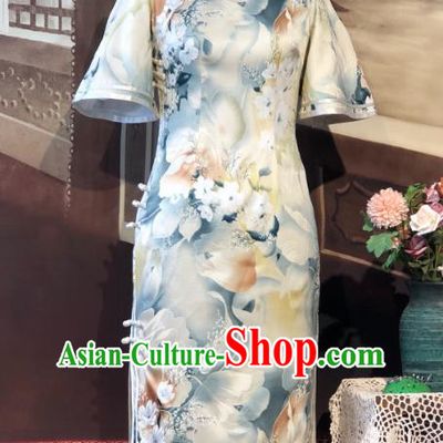 Chinese Traditional Printing Flowers Silk Qipao Dress National Tang Suit Cheongsam Costumes for Women