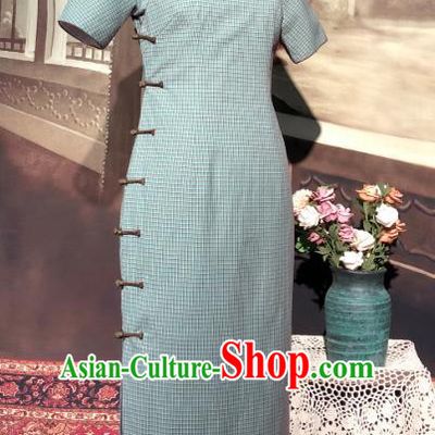 Chinese Traditional Green Flax Qipao Dress National Tang Suit Cheongsam Costumes for Women