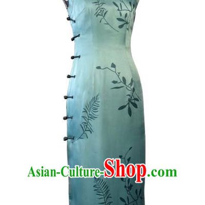 Chinese Traditional Green Silk Qipao Dress National Tang Suit Cheongsam Costumes for Women