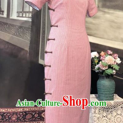 Chinese Traditional Pink Flax Qipao Dress National Tang Suit Cheongsam Costumes for Women