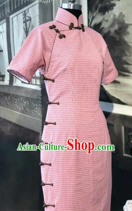 Chinese Traditional Pink Flax Qipao Dress National Tang Suit Cheongsam Costumes for Women