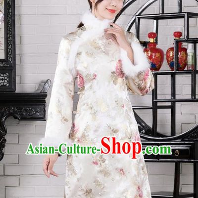 Chinese Traditional Winter Printing White Qipao Dress National Tang Suit Cheongsam Costumes for Women