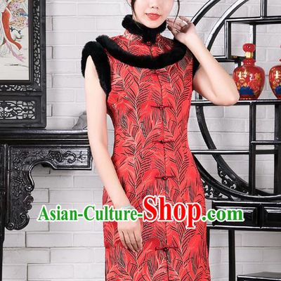 Chinese Traditional Winter Red Vest Qipao Dress National Tang Suit Cheongsam Costumes for Women