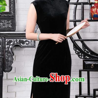 Chinese Traditional Black Velvet Sleeveless Qipao Dress National Tang Suit Cheongsam Costumes for Women