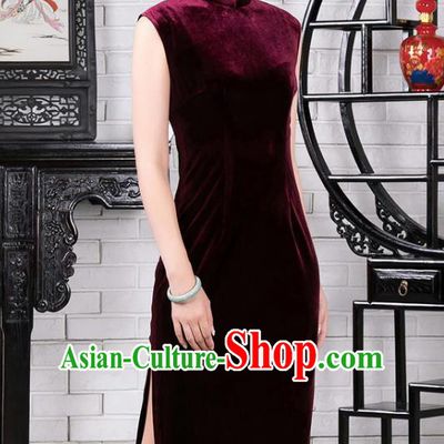 Chinese Traditional Wine Red Velvet Sleeveless Qipao Dress National Tang Suit Cheongsam Costumes for Women