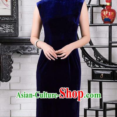 Chinese Traditional Royalblue Velvet Sleeveless Qipao Dress National Tang Suit Cheongsam Costumes for Women