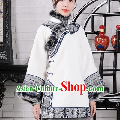 Chinese Traditional Winter White Woolen Coat National Tang Suit Overcoat Costumes for Women