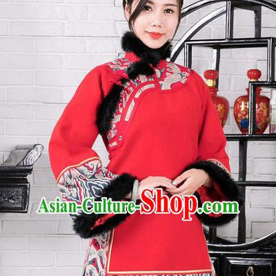 Chinese Traditional Winter Red Woolen Coat National Tang Suit Overcoat Costumes for Women