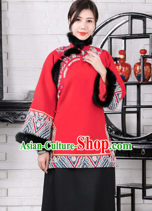 Chinese Traditional Winter Red Woolen Coat National Tang Suit Overcoat Costumes for Women Chinese Traditional Winter Red Woolen Coat National Tang Suit Overcoat Costumes for Women