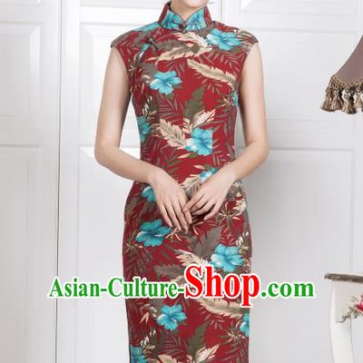 Chinese Traditional Printing Purplish Red Qipao Dress National Tang Suit Cheongsam Costumes for Women