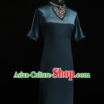 Chinese Traditional Peacock Blue Silk Qipao Dress National Tang Suit Cheongsam Costumes for Women