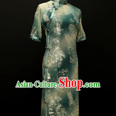 Chinese Traditional Green Fiber Qipao Dress National Tang Suit Cheongsam Costumes for Women