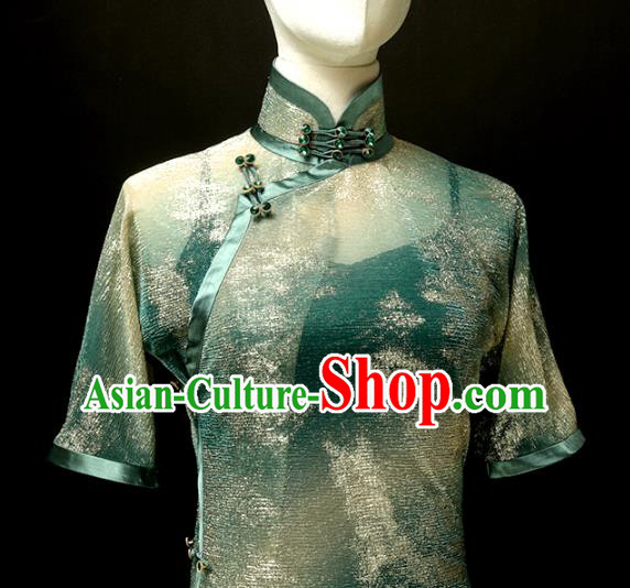 Chinese Traditional Green Fiber Qipao Dress National Tang Suit Cheongsam Costumes for Women