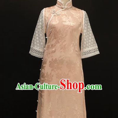 Chinese Traditional Jacquard Pink Qipao Dress National Tang Suit Cheongsam Costumes for Women