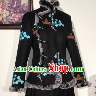 Chinese Traditional Winter Black Woolen Coat National Tang Suit Overcoat Costumes for Women