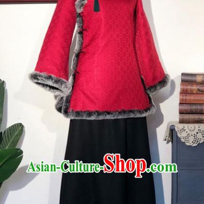 Chinese Traditional Winter Red Coat National Tang Suit Overcoat Costumes for Women