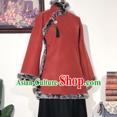 Chinese Traditional Winter Purplish Red Coat National Tang Suit Overcoat Costumes for Women