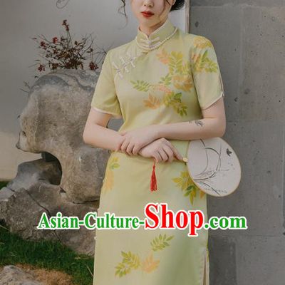 Chinese Traditional Retro Yellow Qipao Dress National Tang Suit Cheongsam Costumes for Women
