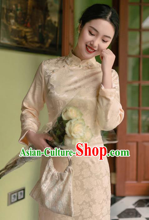 Chinese Traditional Retro Champagne Qipao Dress National Tang Suit Cheongsam Costumes for Women