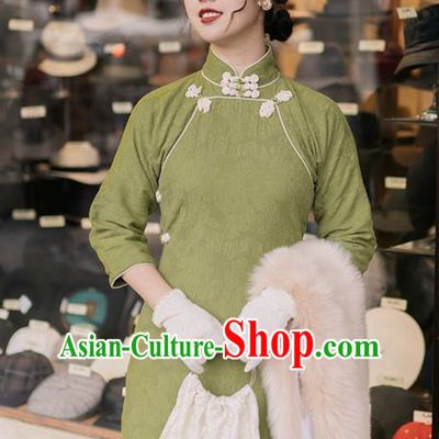 Chinese Traditional Retro Green Qipao Dress National Tang Suit Cheongsam Costumes for Women