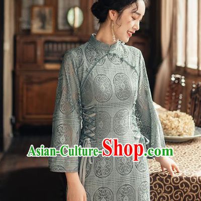 Chinese Traditional Retro Blue Lace Qipao Dress National Tang Suit Cheongsam Costumes for Women
