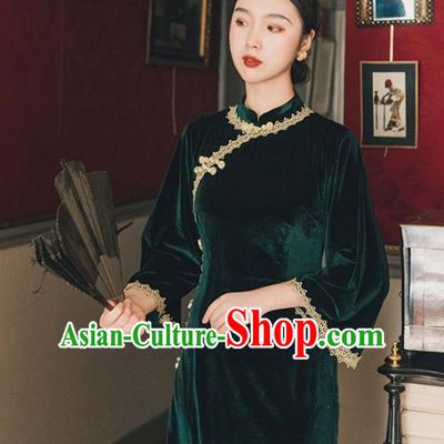 Chinese Traditional Retro Deep Green Velvet Qipao Dress National Tang Suit Cheongsam Costumes for Women
