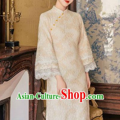 Chinese Traditional Retro Beige Lace Qipao Dress National Tang Suit Cheongsam Costumes for Women