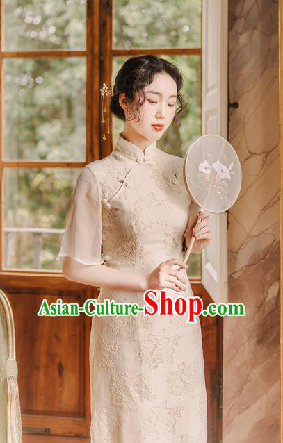 Chinese Traditional Retro Qipao Dress National Tang Suit Beige Cheongsam Costumes for Women Chinese Traditional Retro Qipao Dress National Tang Suit Beige Cheongsam Costumes for Women