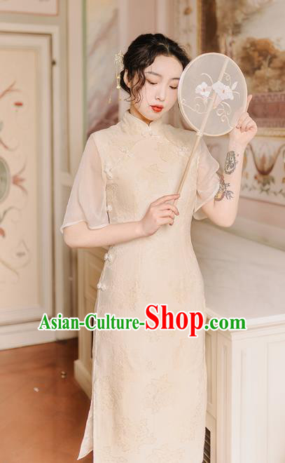 Chinese Traditional Retro Qipao Dress National Tang Suit Beige Cheongsam Costumes for Women Chinese Traditional Retro Qipao Dress National Tang Suit Beige Cheongsam Costumes for Women