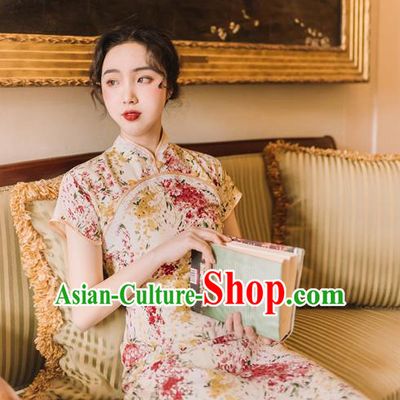 Chinese Traditional Retro Printing Qipao Dress National Tang Suit Cheongsam Costumes for Women