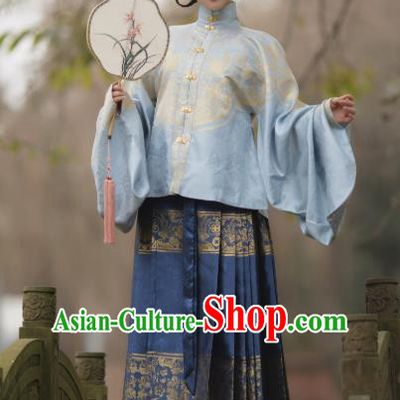 Chinese Traditional Ming Dynasty Princess Blue Dress Ancient Court Lady Historical Costumes for Women