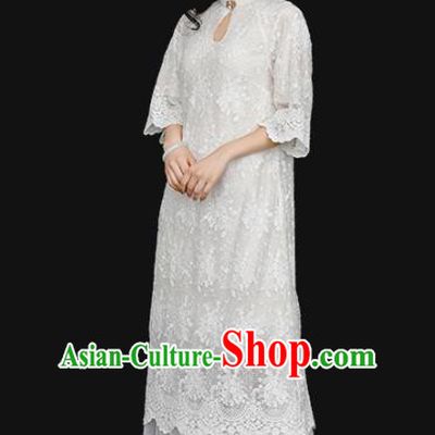 Republic of China Traditional White Lace Qipao Dress Chinese National Tang Suit Cheongsam Costumes for Women