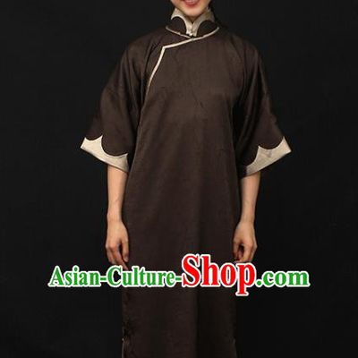 Republic of China Traditional Brown Qipao Dress Chinese National Tang Suit Cheongsam Costumes for Women