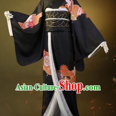 Japanese Traditional Cosplay Geisha Printing Black Kimono Dress Japan Costumes for Women