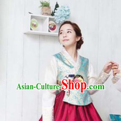 Korean Traditional Bride Hanbok Blue Satin Blouse and Wine Red Dress Garment Asian Korea Fashion Costume for Women