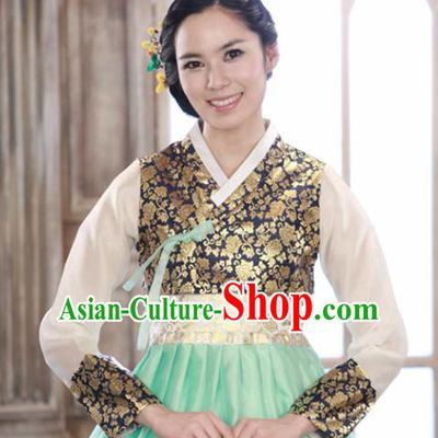Korean Traditional Bride Hanbok Black Satin Blouse and Green Dress Garment Asian Korea Fashion Costume for Women