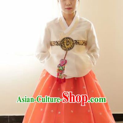 Korean Traditional Bride Hanbok White Blouse and Orange Dress Garment Asian Korea Fashion Costume for Women
