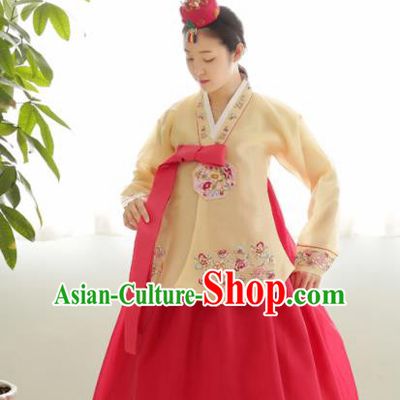 Korean Traditional Wedding Bride Hanbok Yellow Blouse and Pink Dress Garment Asian Korea Fashion Costume for Women