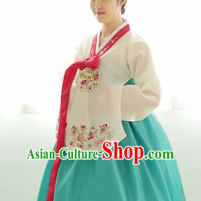 Korean Traditional Wedding Bride Hanbok White Blouse and Green Dress Garment Asian Korea Fashion Costume for Women