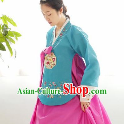 Korean Traditional Wedding Bride Hanbok Blue Blouse and Rosy Dress Garment Asian Korea Fashion Costume for Women